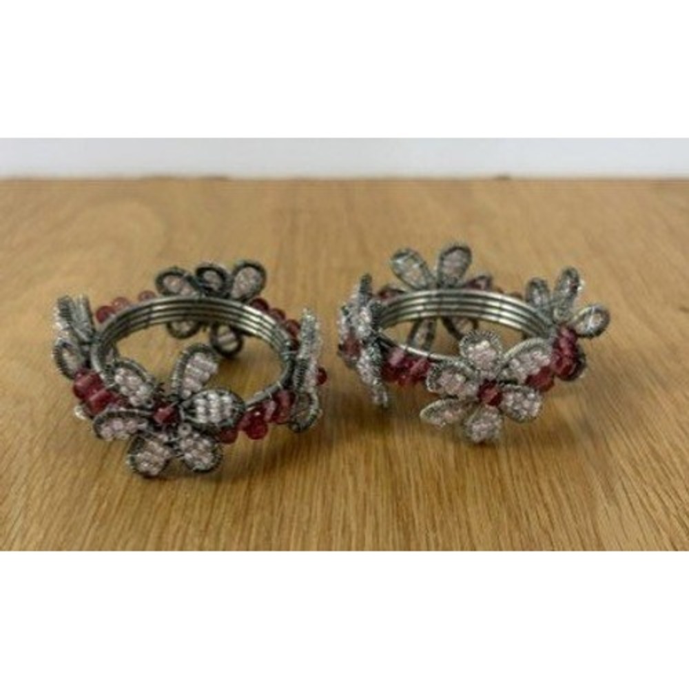 Beaded Floral Napkin Rings Set of 2 Pink Silver Good Handcrafted